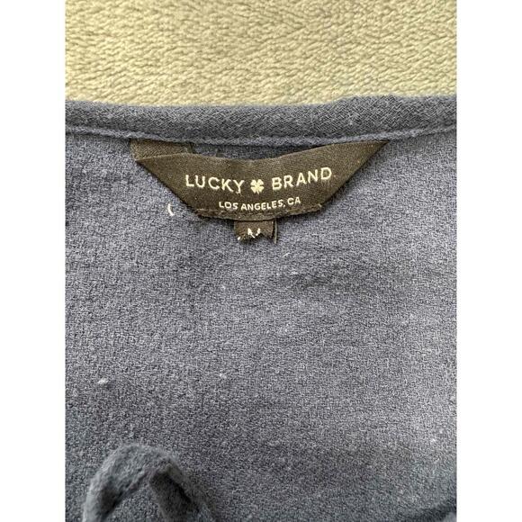 Lucky Brand Navy Blue Embroidered Tie Neck Tassel Bohemian Blouse Womens Medium - Picture 5 of 8